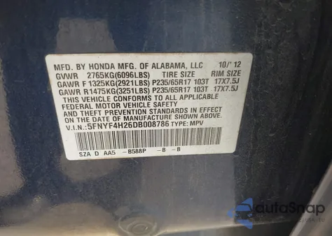 2013 Honda Pilot Lx from USA, damaged, VIN 5FNYF4H26DB008786